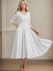 A-line V-Neck Tea-Length Chiffon Lace Mother of the Bride Dress With Beading Sequins