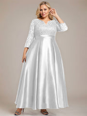 A-line V-Neck Ankle-Length Lace Satin Mother of the Bride Dress With Rhinestone