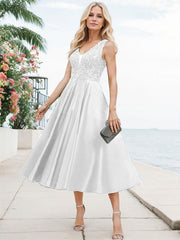 A-Line V-Neck Sleeveless Tea-Length Satin Mother Of The Bride Dresses With Lace