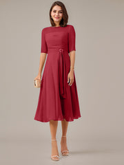A-Line Boat-neck Pleated Chiffon Mother of the Bride Dress