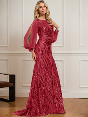 Trumpet/Mermaid Boat Neck Illusion Sweep Train Chiffon Sequin Evening Dress