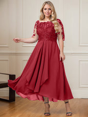 A-line Boat Neck Illusion Asymmetrical Lace Chiffon Mother of the Bride Dress With Cascading Ruffles Sequins