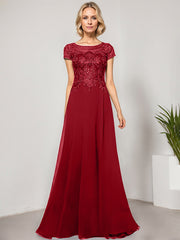 A-line Scoop Illusion Floor-Length Lace Chiffon Evening Dress With Sequins