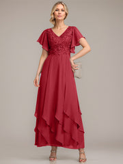 A-line V-Neck Ankle-Length Lace Chiffon Mother of the Bride Dress With Cascading Ruffles