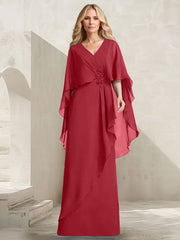 A-line V-Neck Floor-Length Chiffon Mother of the Bride Dress With Cascading Ruffles Beading