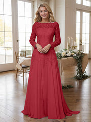 A-line Bateau Long Sleeves Appliques Lace Sweep Train Chiffon Mother of the Bride Dres