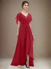 A-line V-Neck Asymmetrical Chiffon Mother of the Bride Dress With Sequins Beading Cascading Ruffles