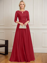 A-line Scoop Floor-Length Lace Chiffon Mother of the Bride Dress With Crystal Brooch Sequins