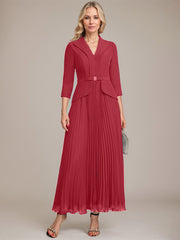 A-line Collared V-Neck Ankle-Length Chiffon Mother of the Bride Dress With Beading Pleated
