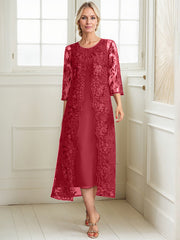 A-line Scoop Tea-Length Lace Chiffon Mother of the Bride Dress