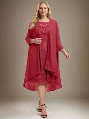 Sheath/Column Scoop Illusion Knee-Length Lace Chiffon Mother of the Bride Dress With Cascading Ruffles Sequins