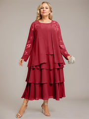 A-line Scoop Tea-Length Chiffon Mother of the Bride Dress With Cascading Ruffles