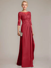 A-line Scoop Illusion Floor-Length Chiffon Lace Mother of the Bride Dress With Beading Sequins Cascading Ruffles