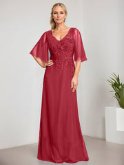A-line V-Neck Floor-Length Lace Chiffon Mother of the Bride Dress With Sequins Beading