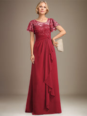A-line Asymmetrical Illusion Floor-Length Lace Chiffon Mother of the Bride Dress With Cascading Ruffles Sequins