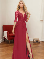 A-Line V-Neck 1/2 Sleeves Floor-Length Chiffon Mother Of The Bride Dresses With Lace