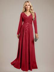 A-line V-Neck Floor-Length Stretch Crepe Evening Dress With Pleated Sequins Appliques Lace