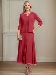 Separates A-line Scoop Tea-Length Chiffon Mother of the Bride Dress With Sequins Beading