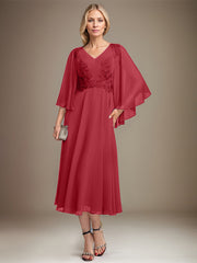 A-line V-Neck Tea-Length Chiffon Lace Mother of the Bride Dress With Sequins Beading