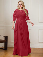 A-line Scoop Floor-Length Lace Chiffon Mother of the Bride Dress With Cascading Ruffles Sequins