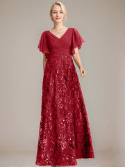 A-line V-Neck Floor-Length Lace Sequin Chiffon Mother of the Bride Dress With Pleated