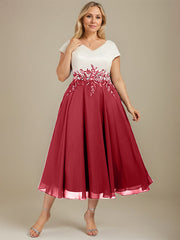 A-line V-Neck Tea-Length Satin Chiffon Mother of the Bride Dress With Appliques Lace