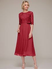 A-line/Princess Scoop Tea-Length Chiffon Mother of the Bride Dress With Lace Jacket