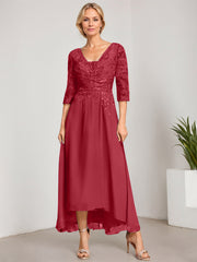 A-line V-Neck Asymmetrical Chiffon Lace Mother of the Bride Dress With Pleated Beading