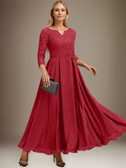 A-line V-Neck Ankle-Length Chiffon Lace Mother of the Bride Dress With Rhinestone