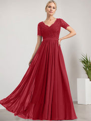 A-line V-Neck Floor-Length Lace Chiffon Mother of the Bride Dress