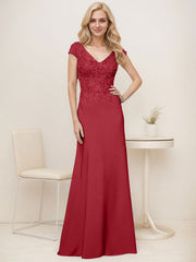 A-Line V-Neck Sweep Train Elastic Mother Of The Bride Dresses With Lace