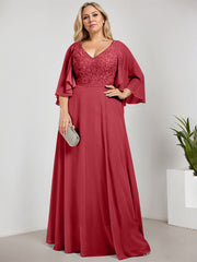 A-line V-Neck Floor-Length Chiffon Lace Mother of the Bride Dress With Sequins Beading