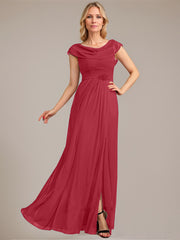 A-line Scoop Floor-Length Mesh Mother of the Bride Dress With Pleated Beading