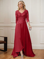 A-Line V-Neck 3/4 Sleeves Chiffon Mother Of The Bride Dresses With Lace