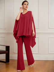 Separates Jumpsuit/Pantsuit V-Neck Floor-Length Chiffon Mother of the Bride Dress With Beading