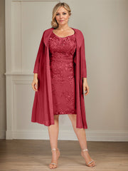 Sheath/Column V-Neck Knee-Length Lace Chiffon Mother of the Bride Dress