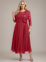A-line Boat Neck Illusion Tea-Length Lace Chiffon Mother of the Bride Dress With Sequins