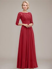 A-line Boat Neck Illusion Floor-Length Chiffon Lace Mother of the Bride Dress With Sequins Beading