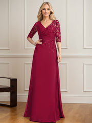 A-line V-Neck Floor-Length Lace Chiffon Mother of the Bride Dress With Pleated Sequins