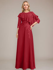 A-line Scoop Illusion Floor-Length Chiffon Lace Mother of the Bride Dress With Ruffle Sequins Beading