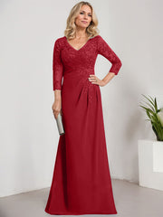 Sheath/Column V-Neck Illusion Floor-Length Lace Chiffon Mother of the Bride Dress With Pleated Sequins