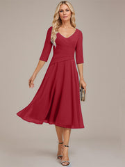 A-line V-Neck Tea-Length Chiffon Mother of the Bride Dress With Pleated