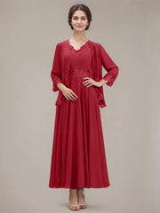A-line V-Neck Ankle-Length Chiffon Mother of the Bride Dress With Sequins Appliques Lace Beading