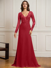 Sheath/Column V-Neck Detachable Sweep Train Lace Tulle Chiffon Mother of the Bride Dress With Sequins