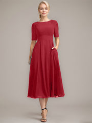 A-line Scoop Tea-Length Chiffon Mother of the Bride Dress With Appliques Lace Sequins