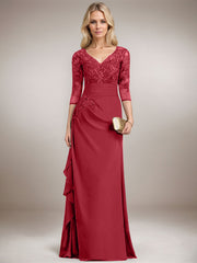 A-line V-Neck Floor-Length Lace Chiffon Mother of the Bride Dress With Cascading Ruffles