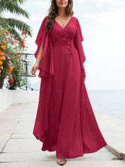 A-Line V-Neck Floor-Length Chiffon Mother Of The Bride Dresses With Appliques Lace