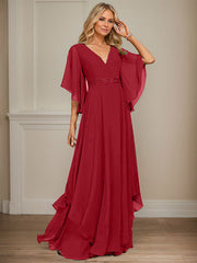 A-line V-Neck Floor-Length Chiffon Mother of the Bride Dress With Sequins Appliques Lace Beading
