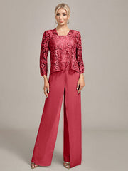 Silver Chiffon Pant and Lace Top Mother of The Bride Wide Pant Suits
