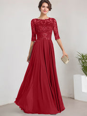 A-line Scoop Illusion Floor-Length Lace Chiffon Mother of the Bride Dress With Pleated Sequins